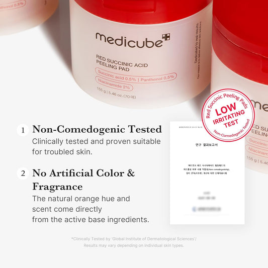 Medicube – Red Succinic Acid Panthenol Pads (Anti-Acne, Blemish and Redness Succinic Acid Tonic Pads)