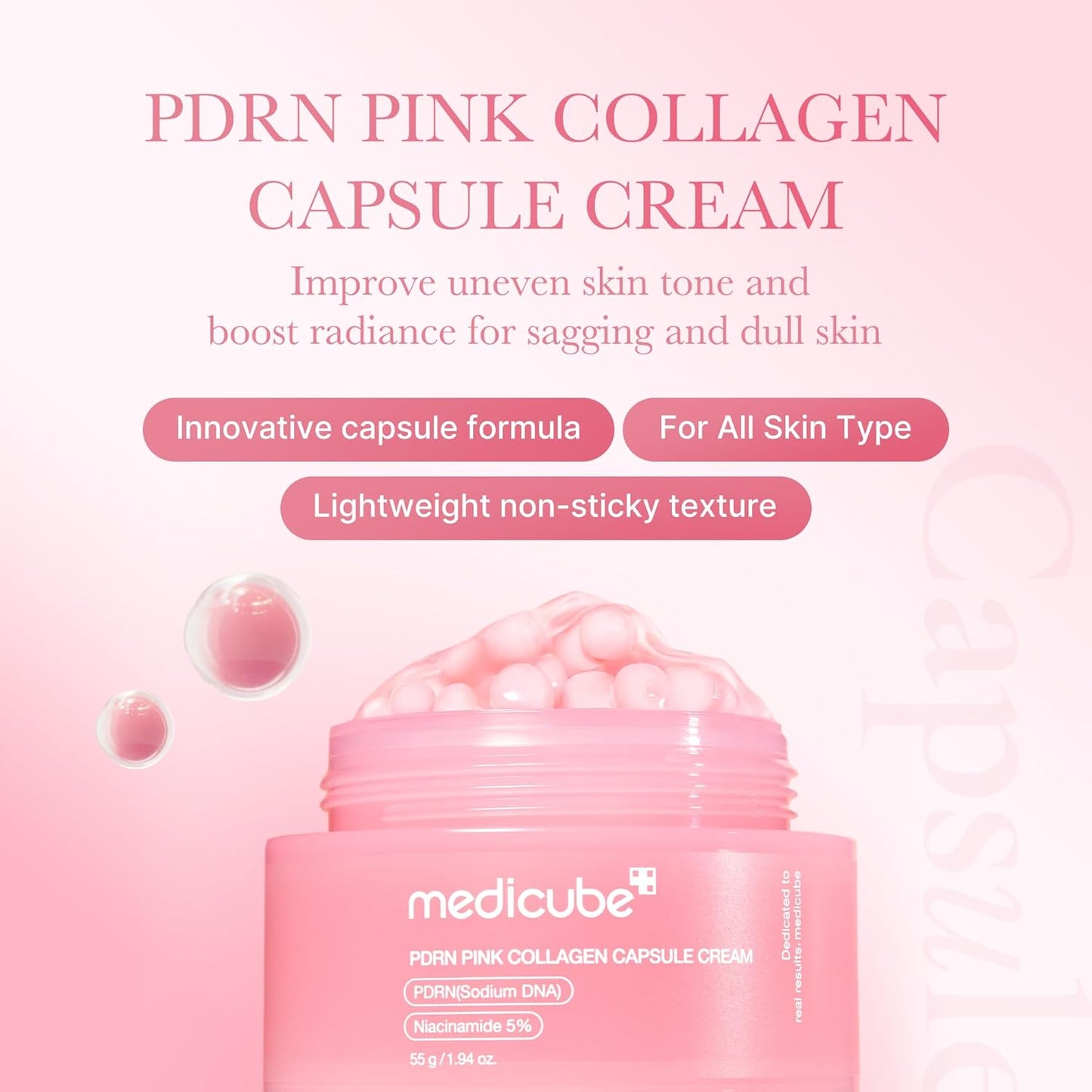 Medicube – PDRN Pink Collagen Capsule Cream (Somon DNA + Kolajen + Hyaluronik Asit + Niasinamid İçeren Işıltı Kapsül Krem)Medicube – PDRN Pink Collagen Capsule Cream (Somon DNA + Kolajen + Hyaluronik Asit + Niasinamid İçeren Işıltı Kapsül Krem)